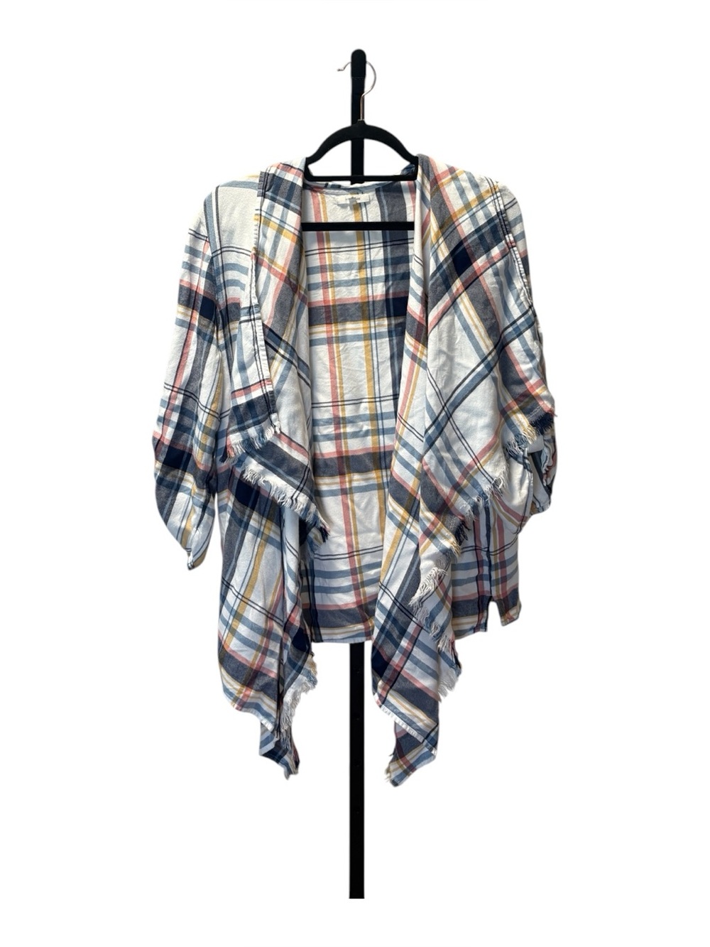 Maurices Plaid Open Front Draped Cardigan - Navy, White, Yellow